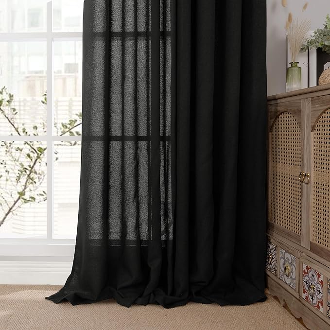 YoungsTex Black Linen Curtains 72 Inches Long for Living Room, Light Filtering Textured Long Window Drapes Privacy with Bronze Grommet for Bedroom Ofiice Let Light in, 52 x 72 Inch, 2 Panels