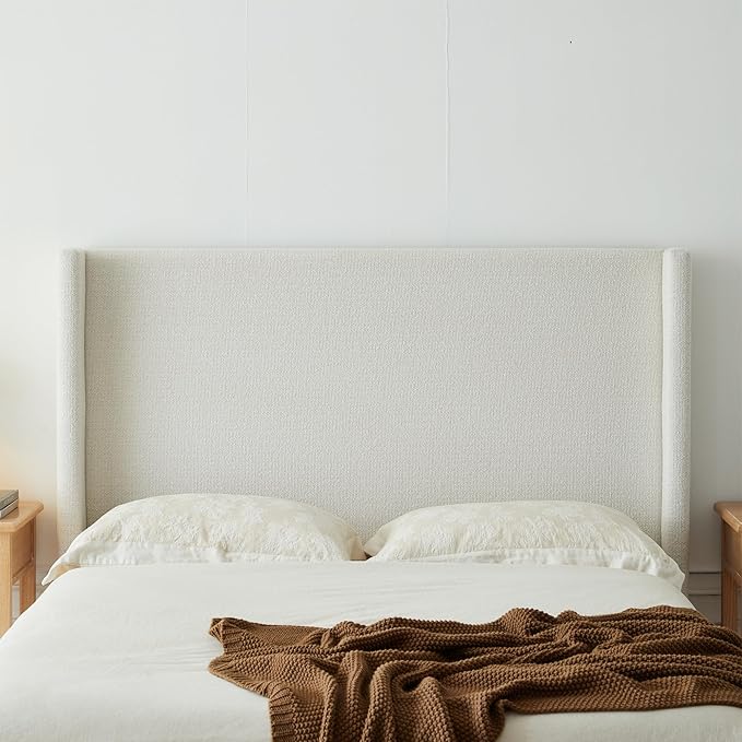 Full Size Upholstered Platform Bed Frame, 52.5" Tall Headboard Hosford Wingback Bedframes, Wood Base Floor Beds, No Box Spring Needed, No Noise, Minimalist, Cream White Boucle