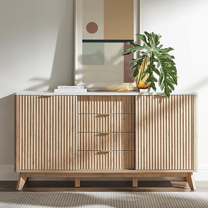 T4TREAM 60" Fluted Dresser with Sliding Doors and 4 Drawers, Modern Chest w/Faux Marble Top, Curved Profile Design, Dresser TV Stand, Wood Drawer Organizer for Bedroom, Living Room, Natural Oak