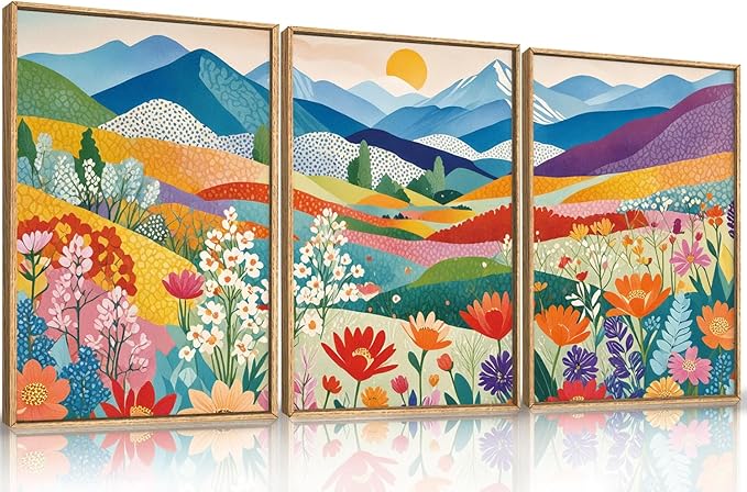 LHIUEM Large Abstract Mountain Flower Framed Canvas Wall Art,Colorful Watercolor Boho Wall Decor,Nature Floral Tree Wall Painting,Bohemian Artwork for Living Room,Bedroom,Dining Room,Office -24"x36"x3