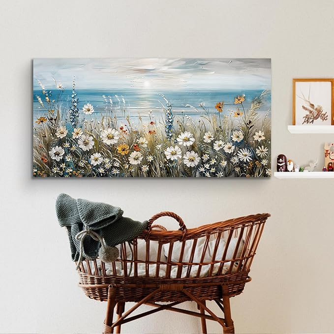 SERIMINO Large Wall Art for Living Room, Coastal Landscape Wall Decor, Beach Daisy Canvas Prints Farmhouse Decor, Wildflowers Bathroom Pictures Home Decor Aesthetic, Dining Room Kitchen Artwork 29"X57"