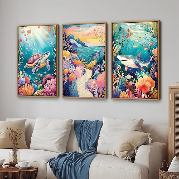YeeHomedec Large Watercolor Ocean Themed Framed Canvas Wall Art, Sea Turtle Shark Wall Decor, Coastal Nature Landscape Art Print, Marine Life Poster for Kids Nursery Classroom Boys Bedroom 16"x24"x3