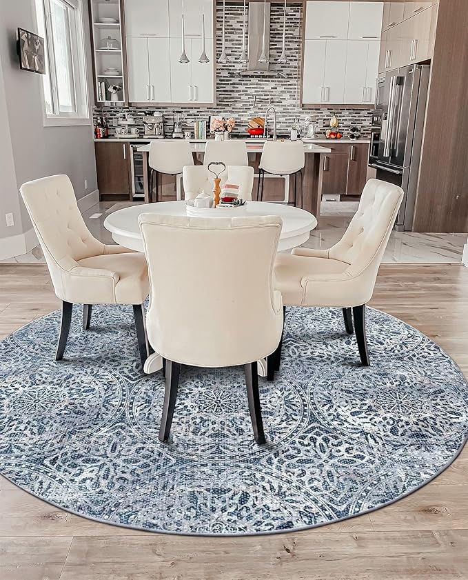 vivorug Round Rug 5ft Vintage-Inspired Round Area Rug Non-Slip Indoor Carpet for Living Room Bedroom Entryway, Stain Resistant Home Decor Circle Rug, Blue Medallion