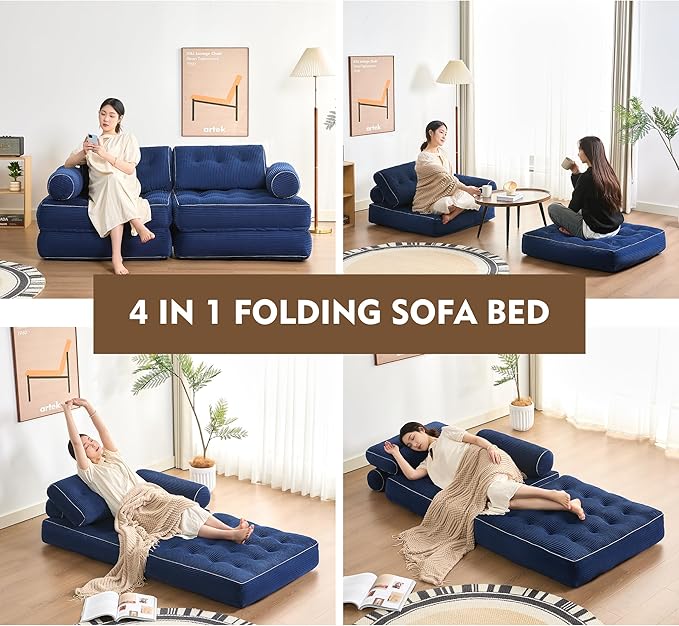 Plus Futon Sofa Bed for Small Spaces, Floor Couch with Armrest, Folding Sofa Couch, Convertible Sleeper Chair Bed with Pillow, Portable Comfy Floor Lounge for Living Room and Bedroom, Blue