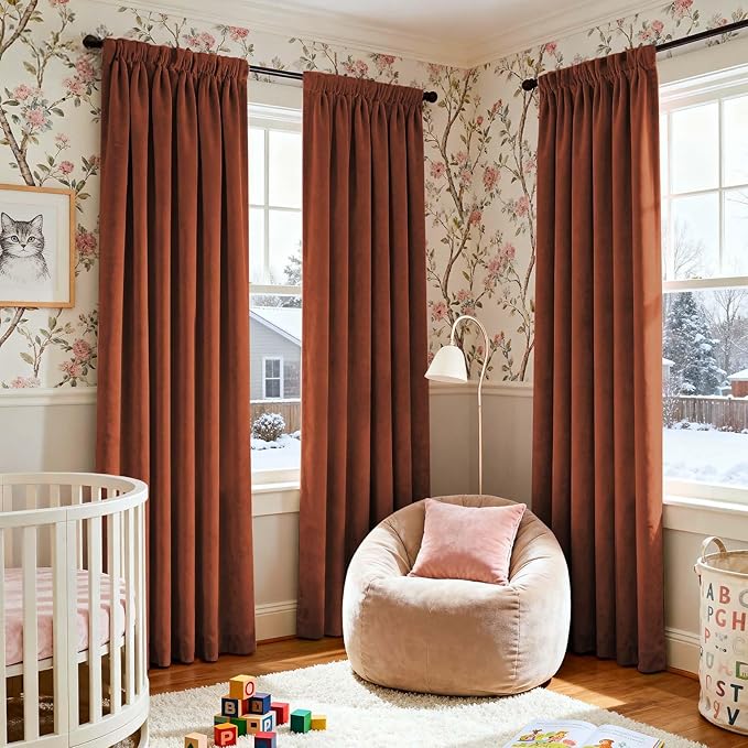 Lazzzy Velvet Blackout Curtains Thermal Insulated Room Window Drapes Super Soft Luxury Curtains for Living Room Bedroom Rod Pocket 2 Panels, Burnt Orange, 52" W x 90" L
