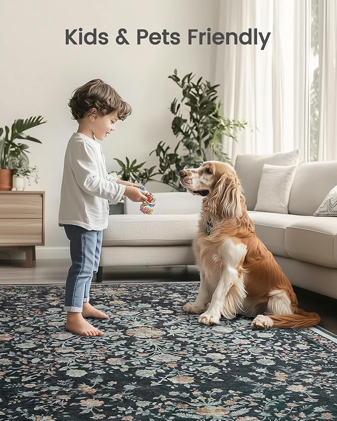 AMADA HOMEFURNISHING 6x9 Area Rugs, Washable Low-Profile Large Living Room Rug with Non-Slip Backing & Durable Edge Binding, Soft Vintage Rug for Bedroom, Dinning Room, Home Office