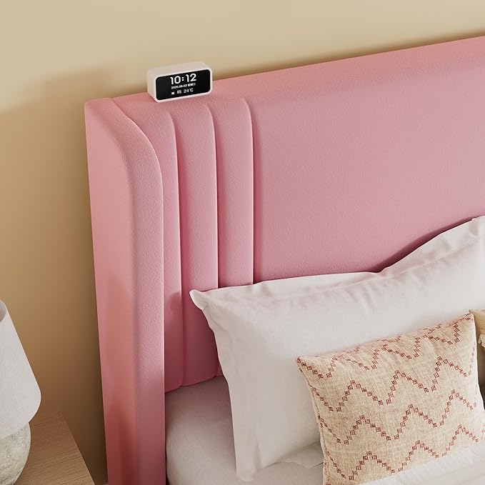 SHA CERLIN King Size Velvet Upholstered Platform Bed Frame with Vertical Channel Tufted Wingback Headboard, Wooden Slats Support, Easy Assembly, Under Bed Storage, No Box Spring Required, Pink