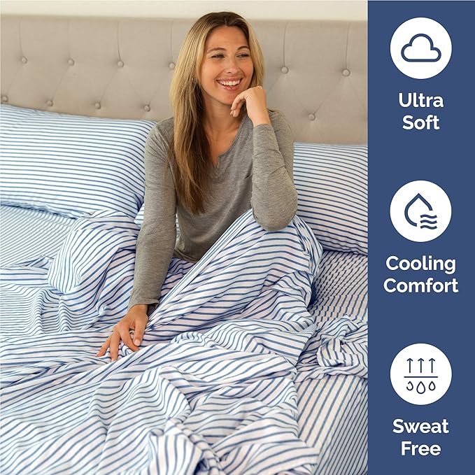 Full 6 Piece Sheet Set - Cooling, Comfy & Breathable - Hotel Luxury Bedding, Includes Fitted Sheet for Women, Men, Kids & Teens - 1 Flat, 1 Fitted Sheet, 4 Pillowcases w/Deep Pockets - Blue Stripes