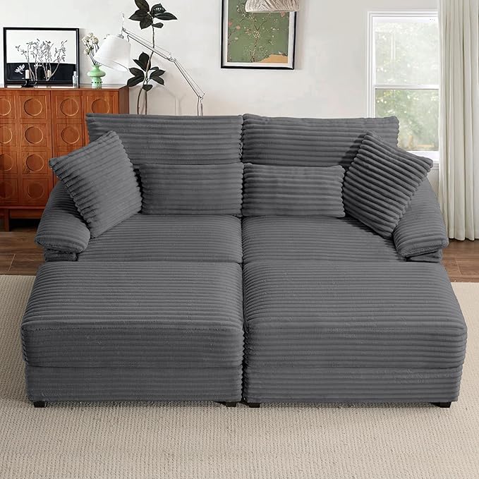 SUNWAVE 74" Double Chaise Lounge Chair Indoor, Oversized Loveseat with Storage Ottoman, Corduroy Couch with USB Charging, Removeable Ottoman, and Coffee Table Cushions for Living Room