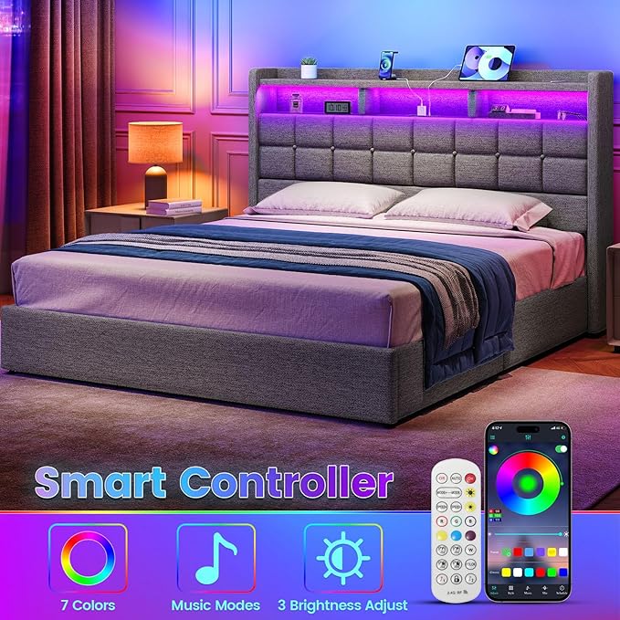 Lift Up King Size Bed Frame with Storage, Upholstered King Bed Frame with Charging Station and LED Lights Headboard, No Box Spring Needed, Easy Assembly - Light Grey