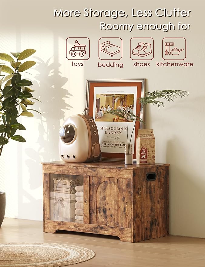 DINZI LVJ Storage Chest, 31.5”Wooden Toy Box with 2 Safety Hinges, Entryway Storage Bench with Flip-Top, Sturdy Storage Trunk for Living Room, Bedroom, Easy Assembly, Rustic Brown