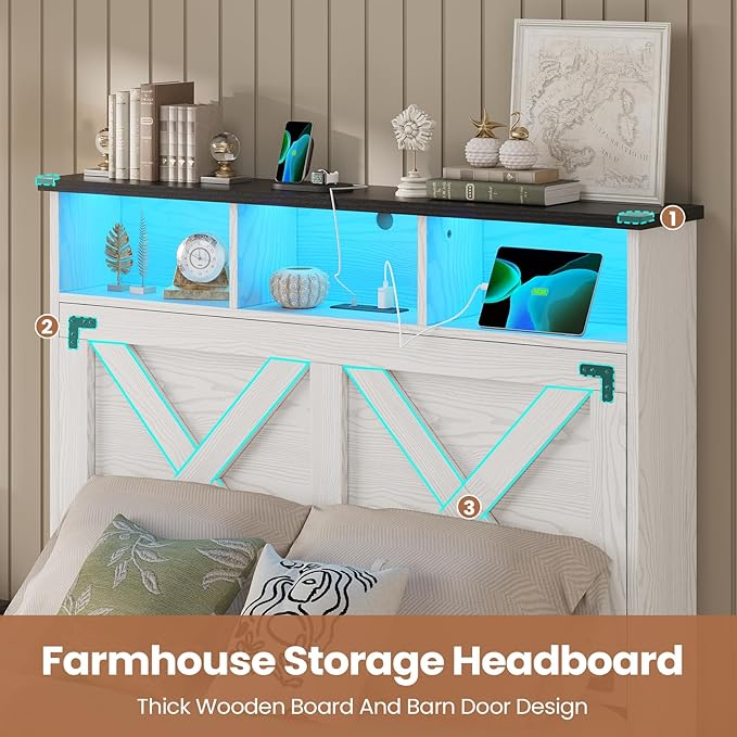 Hasuit Farmhouse Bed Frame Twin Size with Storage Headboard, Charging Station and LED Light, Wooden Twin Bed Frame with Storage Ottoman, Barn Door Design, No Box Spring Needed, No Noise (Walnut White)