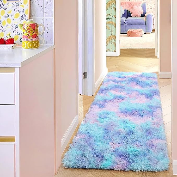 PAGISOFE Machine Washable Rainbow Runner Rugs for Girls Bedroom Hallway Plush Fluffy Purple Rug 2x6 Ft, Soft Carpet for Kids Room, Non-Slip Indoor Floor Rugs for Nursery Kids Girls Room Home Decor