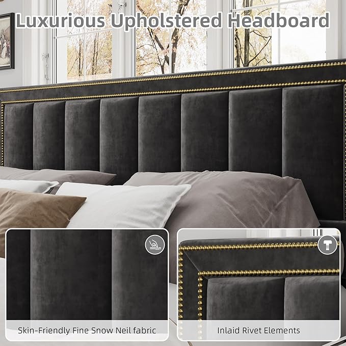 BarnFurin King Size Size Bed Frame with 50" Tall Headboard and Footboard, Chenille Upholstered Platform Bed, Vertical Channel Tufting with Nailhead Trim, No Box Spring Needed, Easy Assembly, Black
