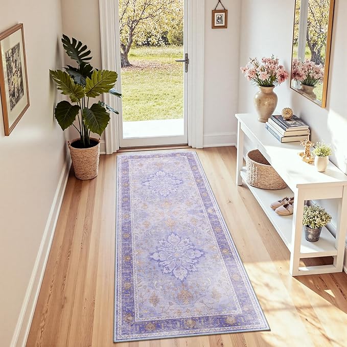 Area Rugs 2'x6' Washable Non-Slip, Floral Vintage Distress Print Pattern Medallion Carpet for Living Room Bedroom Dining Room, Light Purple Brown