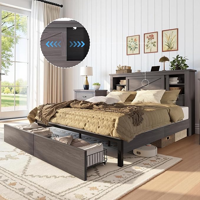 AMERLIFE 47.2" H Queen Bed Frame with Hidden Space Bookcase Headboard and Charging Station, Beds with 2 Storage Drawers and Wood Slats, No Box Spring Needed, Grey