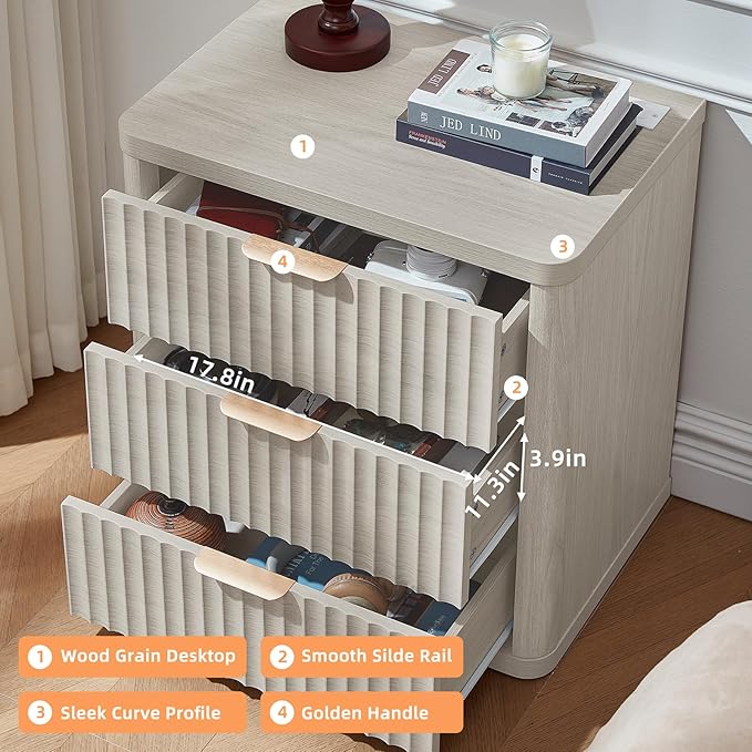 LEYAOYAO 23" Wide Fluted Farmhouse Night Stand Set of 2 with Charging Station, 3 Drawers Large End Table w/Metal Handle, LightGrey Nightstand Bedside Table,Wood Dresser for Bedroom, Closet