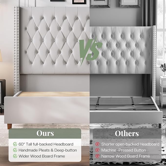 Jocisland Queen Size Bed Frame with 61.4" Tall Headboard, Velvet Upholstered Wingback Platform Design, Handcrafted Pleats& Deep Button Tufted, Solid Wood Legs, No Box Spring Needed, Cream