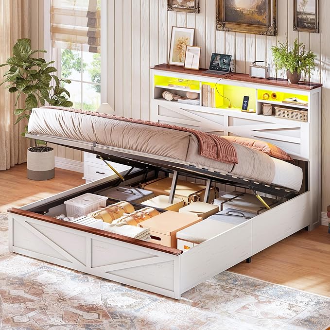 AOGLLATI Farmhouse Bed Frame Queen Size with Lift Up Storage & Hidden Bookcase Storage Headbord, Wood Queen Bed Frame with Charging Station, Led Lights, No Box Spring Needed, Antique White