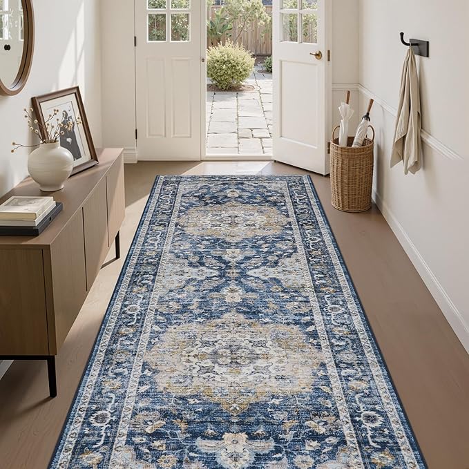 PADOOR 2X10 Runner Rug,Runners for Hallways,Soft Blue Washable Bedside Rugs for Bedroom,Non Slip Long Rug for Hallways Entryway Laundry Room Stair Kitchen Bathroom