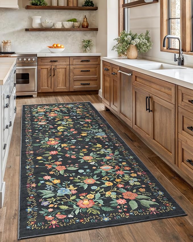 Amada 2x6 Washable Runner Rug, Non-Slip & Low-Profile Kitchen Area Rug with Durable Edge Binding, Boho Floral Pattern, Soft Long Entryway Runner Rugs for Bedroom & Hallway