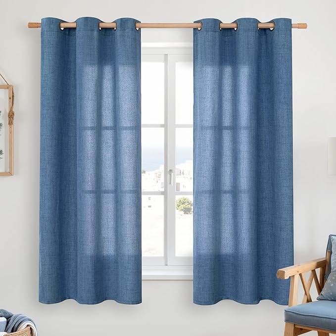 YoungsTex Navy Blue Linen Curtains 48 Inch Length, Short Light Filtering Semi Sheer Drapes with Bronze Grommet Privacy for Bathroom Living Room Window, 42 x 48 Inch, 2 Panels