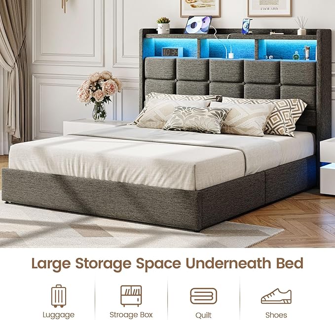 Lift Up Full Size Bed Frame with Storage, Upholstered Full Bed Frame with LED Lights Headboard and Charging Station, No Box Spring Needed, Easy Assembly - Dark Grey