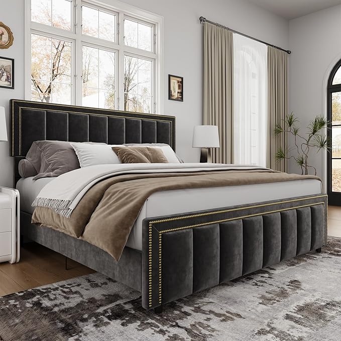 BarnFurin King Size Size Bed Frame with 50" Tall Headboard and Footboard, Chenille Upholstered Platform Bed, Vertical Channel Tufting with Nailhead Trim, No Box Spring Needed, Easy Assembly, Black