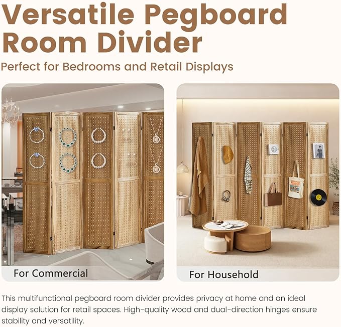 6 Panel Pegboard Display with 24 Hooks, Pegboard Room Divider and Folding Privacy Screens, Partition Room dividers, Wooden Room Divider Wall, Jewelry Store, Bedroom, Balcony, Light Brown