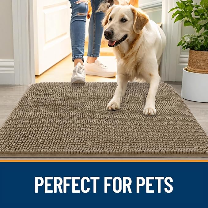 OLANLY Dog Door Mat for Muddy Paws 70x35, Absorbs Moisture and Dirt, Absorbent Non-Slip Washable Doormat, Quick Dry Chenille Mud Mat for Dogs, Entry Indoor Entryway Carpet for Inside Floor, Tan
