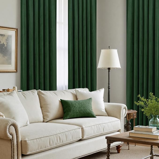 LAMIT Emerald Green Velvet Curtains 84 Inch for Living Room, Thermal Insulated Room Darkening Panels Noise Reducing Back Tab and Rod Pocket Christmas Drapes for Bedroom, 2 Panels, 52 x 84 Inch