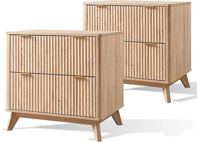 T4TREAM Fluted Night Stand Set 2, 30" Tall Bedside Table with 2 Drawers & Large Tabletop, Modern Wood Side Tables Bedroom, End Table for Living Room, Natural Oak