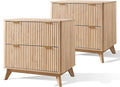 T4TREAM Fluted Night Stand Set 2, 30" Tall Bedside Table with 2 Drawers & Large Tabletop, Modern Wood Side Tables Bedroom, End Table for Living Room, Natural Oak