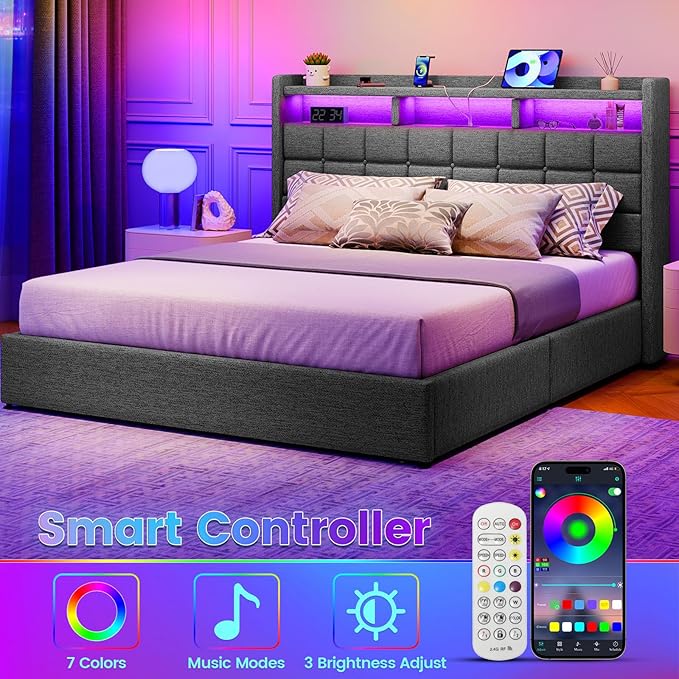 Lift Up King Size Bed Frame with Storage, Upholstered King Bed Frame with Charging Station and LED Lights Headboard, No Box Spring Needed, Easy Assembly - Dark Grey