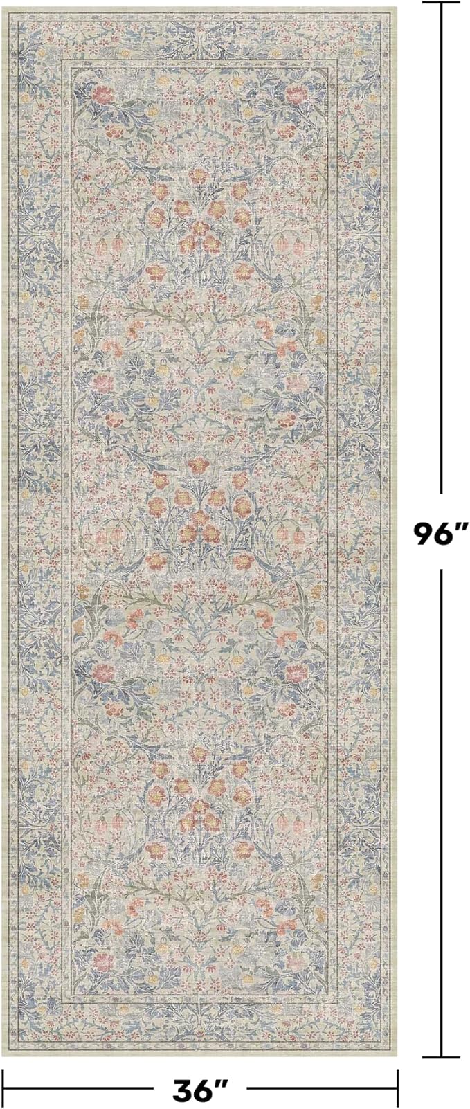 Floral 3x8 Wide Hallway Runner - Beige Blue with Lilic Accent, Boho Forest Decor, Washable Low Pile Non Slip Stain Resistant Rug for Long Kitchen, Large Bathroom, Hall Way