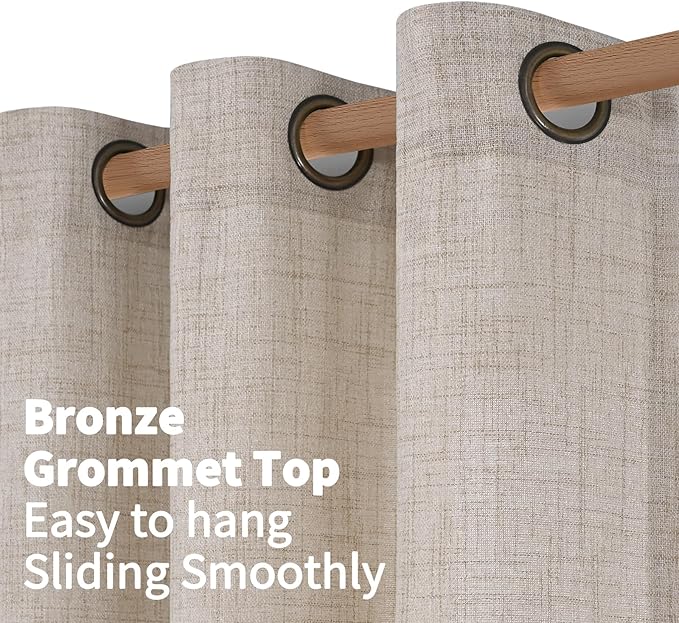 YoungsTex Natural Linen Curtains 45 Inch Length for Short Window Linen Textured Curtains with Bronze Grommet Light Filtering Drapes for Kitchen Small Window, 2 Panels, 52 X 45 Inch
