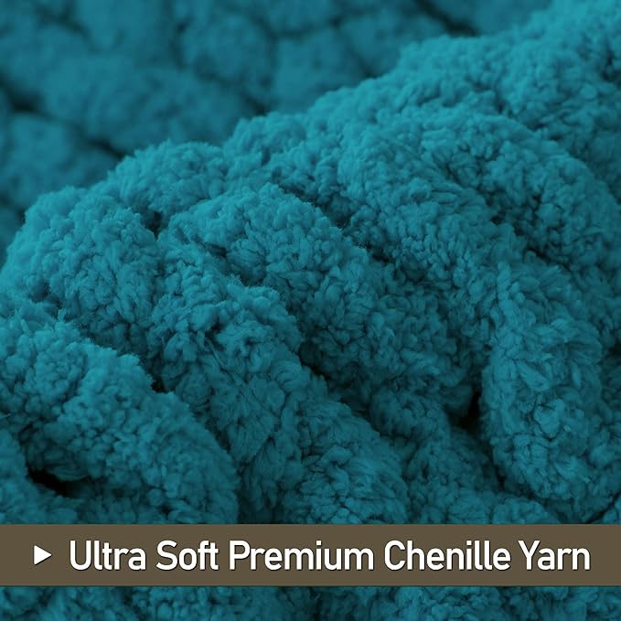 Chunky Knit Throw Blanket 50"X 60", 100% Handmade with Soft Chenille Yarn, 4.4lbs Thick Cable Knitted Blankets, Large Rope Knot Crochet Throws for Couch Sofa Bed Home Decor, Teal