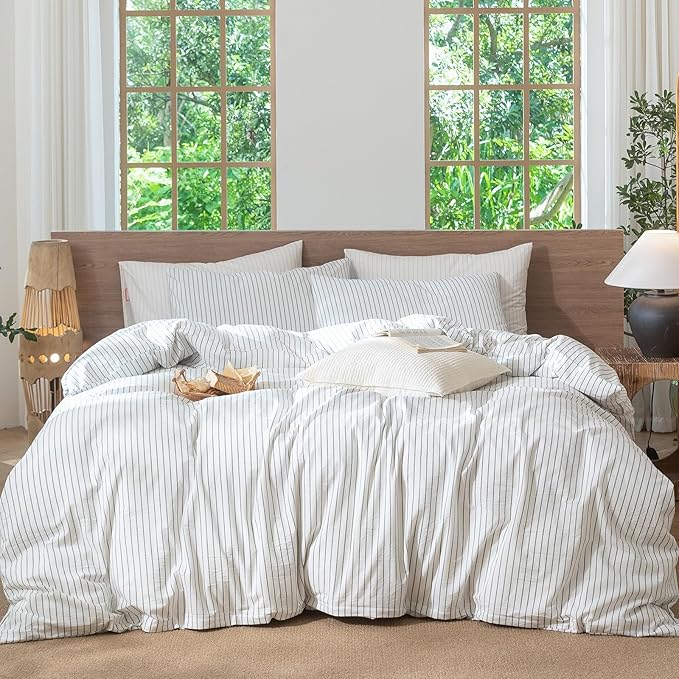 MooMee Striped Duvet Cover Set 100% Washed Cotton Linen Like Textured Breathable Durable Soft Comfy (White Heathered Green Wide Stripes, Full 80"x90")