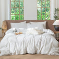 MooMee Striped Duvet Cover Set 100% Washed Cotton Linen Like Textured Breathable Durable Soft Comfy (White Heathered Green Wide Stripes, Queen 90"x90")