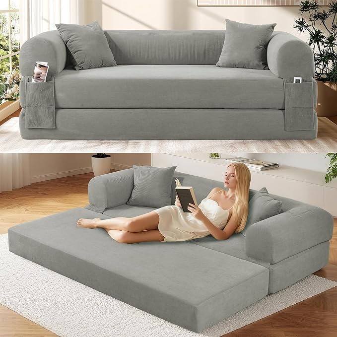 Convertible Futon Sofa Bed,80" Folding Pull Out Couch Bed with Storage,Queen Sleeper Sofa Bed,Compressed Couch in a Box,Corduroy Boneless Couches for Living Room,Light Grey