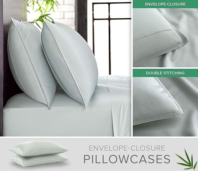 Pure Bamboo Split King Sheets, Genuine 100% Organic Viscose Derived from Bamboo Bed Sheet Set, Soft & Cooling, Double Stitching, 2 Fitted Sheets (Split King, Sea Glass)