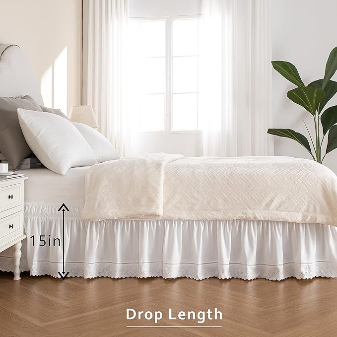 MIYE Wrap Around Ruffled Lace Bed Skirt, Elastic Dust Ruffle with Adjustable Belts,15 Inch Drop Easy to Put On, Bed Frame Cover, Machine Washable (Embroidered, Full/Twin-15)