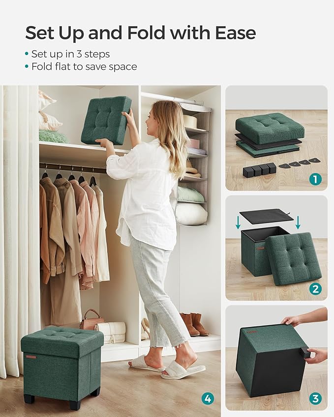 SONGMICS Storage Ottoman, Small Ottoman Foot Rest with Legs, 15 x 15 x 15.7 Inches Foot Stool, Load up to 660 lb, for Living Room, Bedroom, Dorm, Retro Green ULSF014C01