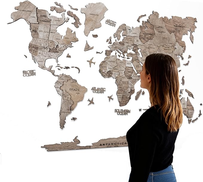 Handmade 3D Wood World Map Wall Art Large Wall Decor Track Your World Travels - Special for Home, Kitchen and Office (Medium, Terra)