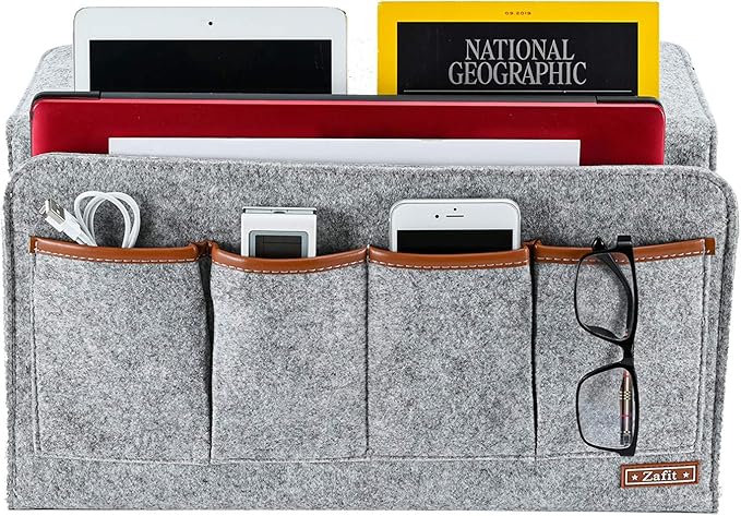 Bedside Caddy, Large Size Storage Organizer with 7 Pockets for Magazine, Remotes, Phone (17.3'' x 18.1'', Light Grey)