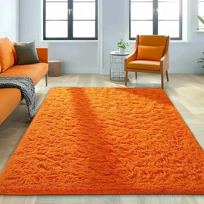 Ophanie Orange Rugs for Living Room Bedroom, 6x9 Fluffy Fuzzy Furry Carpet, Plush Soft Shaggy Bedside Indoor Floor Area Rug for Kids Girls Boys Baby Teen Dorm Nursery Home Decor Aesthetic