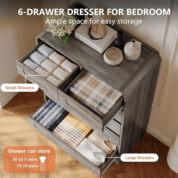 Grey Dresser for Bedroom with 6 Drawers, Tall Dressers & Chest of Drawers with Curved Profile Design, Modern Wood Closet Clothes Storage Dressers Organizer for Bedroom Living Room Hallway