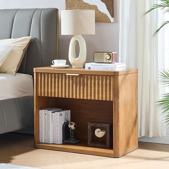 LEYAOYAO 31" Wide Fluted Nightstand Set of 2 with Charging Station, Oversized Extra Large 1 Drawer Night Stand with Golden Handle, Brown Wood Bedside Table Tall End Tables,for Bedroom, Living Room