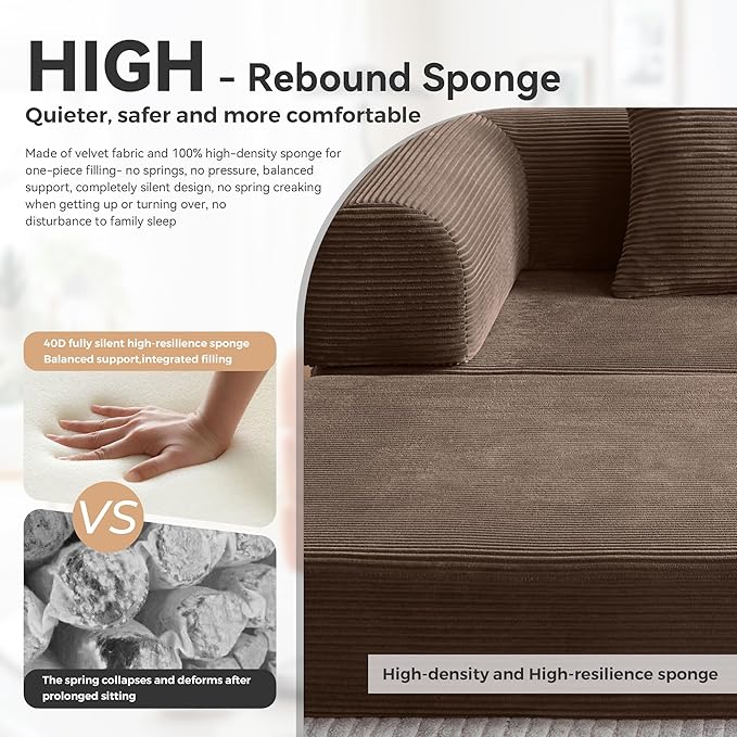 Upgrade High Backrest Design Sofa Bed with Fixed-Shape Frame & Removable Armrests and Backrest, Corduroy Fabric, Convertible Mattress Couch for Small Spaces - No Assembly Needed (High Backrest Brown)