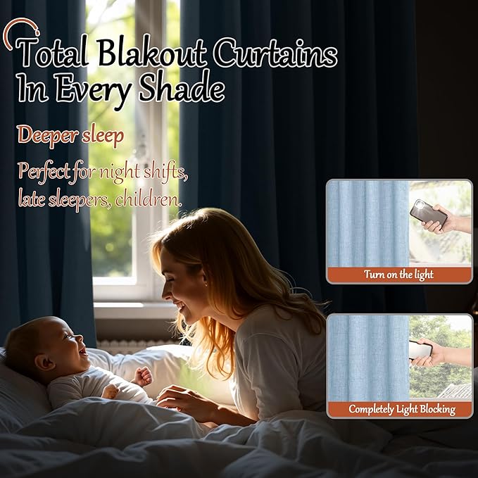 Baby Blue Linen Blackout Curtains for Nursery 63 Inch Length 2 Panels Set, Thermal Insulated Boho Total Black Out Noise Reducing Bonzer Grommets Window Curtains for Kids Bedroom, Each 60 Inch Wide